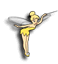 Animated fairy in yellow dress with translucent wings, performing a split pose against gray background.
