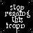 Black background with white pixelated text reading 'stop reading this loop' arranged in a of four and three , one gray square visible at bottom-right