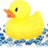 Yellow rubber duck with orange beak and black eye floats on blue water, next to four text blocks in pixelated font.
