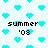 Pixelated cyan hearts and black text 'summer' with apostrophe '03' on white background, repeated in pattern