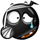 Black cartoon character with wide eyes, a single blue tear drop, and striped headband in