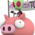 Pixelated pink pig with large white eye and red dot, holding green flag with purple text on gray pole.