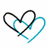 Two interlocking heart outlines, one black and one cyan, on a white background with subtle pixelation.
