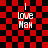 Red and black checkered background with white text reading "I love Mah" in four identical , each showing a different pixelated distortion pattern