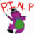 Purple dinosaur with green belly holds red balloon reading 'PIMP' against white background; adjacent text reads 'barney & pimp :)' in purple pixelated font.