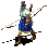 A pixelated figure in blue and yellow attire holding a bow, shown across four sequential poses on gray background.