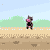 Pixelated character with pink torso and black limbs performs sequential actions against a light blue sky and green field background.