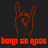 Red pixelated hand making rock gesture on dark background with red text below; green pixelated text on green background to the right.