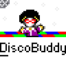 Pixel art animated contact sheet showing two frames of a disco-themed buddy icon with a character in purple outfit and afro hairstyle, plus text elements.