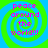 Four identical spiral patterns with alternating green and blue rings, each containing pink text reading 'peace around the world!!!' on a solid blue background.