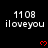Black background displays repeated white text '1108 iloveyou' with red pixel hearts, partially cropped at bottom right.