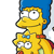 Pixelated cartoon character with yellow skin, blue hair, and a red bow tie, holding a smaller duplicate of itself with similar features.