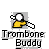 Pixelated icon shows a yellow-shirted figure holding a silver trombone against gray background with 'Trombone Buddy' text below.