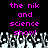 Pixelated text in bright pink reads "the nik and science show!" above a grayscale crowd of raised hands on black background.