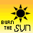 Animated contact sheet of a pixel art icon showing sequential color changes in text and background across 17 frames, featuring a black sun symbol above "BURN THE SUN" text on yellow-orange gradient backgrounds.