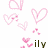 Pixelated pink heart shapes and scattered dots on white background with partial text 'ily' in dark brown.