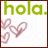 Green text 'hola.' above a pixelated heart symbol on a light background.