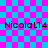 Pixelated text 'NicolaL74' repeats across a cyan and magenta checkerboard background with faint lines