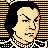 Pixelated 48x48 static buddy icon featuring a stylized character with light skin tone, dark hair, and orange accents against black background with striped patterns.