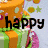 Pixelated birthday icon with colorful background, text 'happy birthday' and 'andrea!!', animated confetti-like elements.