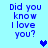 Blue pixelated text on light blue background with two heart symbols, showing animation of hearts changing color.