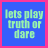 Blue square icons with light green text and pink hearts, displaying phrases like 'lets play truth or dare' and 'gus no one tells the truth anymore', arranged in a