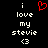A black background displays white pixelated text reading 'i love my stevie <3' with a red heart symbol replacing the word 'love' in one view.