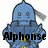 Pixelated blue robot with rounded head, two square eyes, and a small mouth; black text "Alphonse" overlaid on its chest.