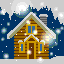 Pixelated winter scene with wooden cabins and orange foxes, snow falling against dark blue background.
