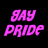 Six distinct 'GAY PRIDE' text icons in various colors displayed on a black background with one gray