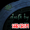 nine showing a character in various poses with text reading 'death by sarcasm' over a stone arch background