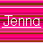 Pixelated text 'Jenna' in white with a horizontal underline, set against alternating pink and brown striped background.
