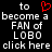 Static pixel art displays text 'to become a FAN of LOBO click here' with red heart symbol above left 'to', repeated twice on black background.