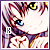 Pixelated anime-style character with dark purple hair, blue eyes, and a white face, wearing a dark purple outfit with red accents, holding a yellow crescent-shaped object.