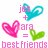 Pixelated image with pink, blue, and green heart shapes surrounding text reading 'jes + ara = best friends' in pink block letters.