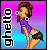 Pixelated icon of a woman with brown hair in purple dress holding black object against gradient background.
