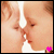 Two side-by-side close-up views of a child's face with milk dripping from the nose, one showing a pink flower icon and the other a white gear icon.