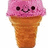 Pixelated ice cream cone with pink scoop and smiling face on white background, text 'ice cream makes me HAPPY' on cyan background.