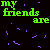 Animated text-based composition with repeating phrases in green, blue, and white pixelated fonts on a black background with scattered colored dots.