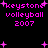 Pixelated pink text 'keystone volleyball 2007' with scattered plus signs on black background, two variations of star-like sparkles.