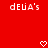 Red background with white pixelated text 'deUa's' at top and two white heart symbols below center.