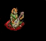 Animated avatar of a figure in green clothing playing a string instrument on a red circular base with musical notes appearing sequentially.