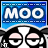 Animated icon featuring a cow's face with pink cheeks and black-and-white eyes, under the text "MOO" on a blue background.