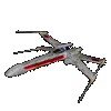 A gray starfighter with red and yellow accents rotates through multiple angles against a light gray background.