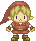 Pixel art character with blonde hair and red hood, wearing red tunic, brown belt, white sleeves, brown gloves, and brown boots against gray background.
