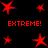 Red starburst shapes and 'EXTREME!' text in pixelated font on black background, with varying star sizes
