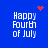 Blue background with white text reading 'Happy Fourth of July' and four distinct red pixel animations: a heart, scattered dots, a starburst, and another dot cluster.