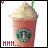 Animated sequence of a pink Starbucks-style drink with whipped cream and green straw, featuring changing red text and small animated elements.