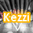 A pixelated image with a yellow 'Kezzi' text overlay on a grayscale background featuring a person with a heart-shaped chest design.