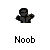 Pixelated character with dark clothing and raised hand, holding a dark object that changes shape across frames, with text 'Noob' below.